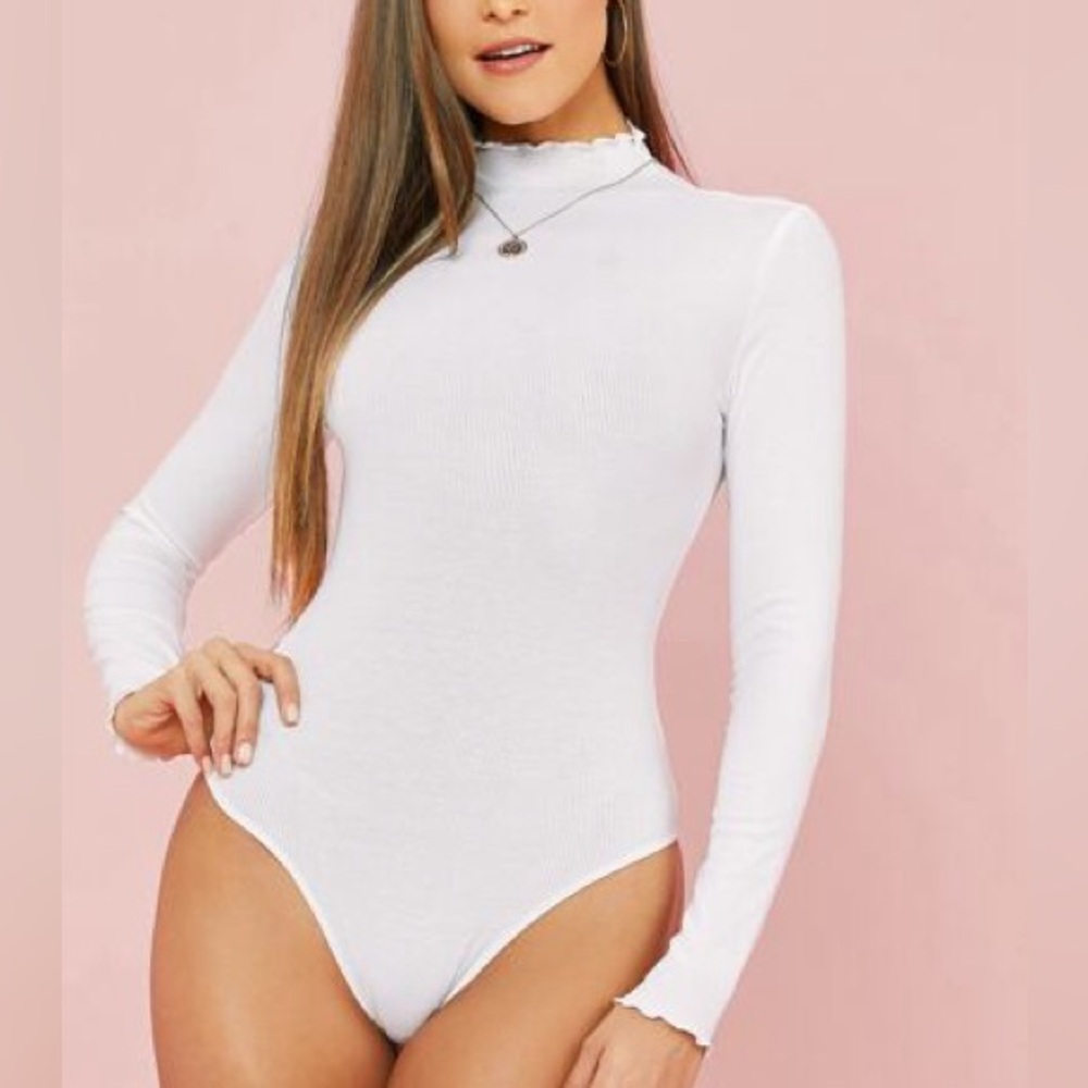 Women's White Lettuce Hem Long Sleeve Mockneck Thong Bodysuit